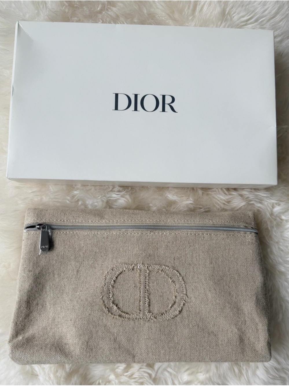 Dior Beige-Hemp Embroidered ‘CD’ Canvas Pouch w Silver Zipper (pull SEALED) NIB